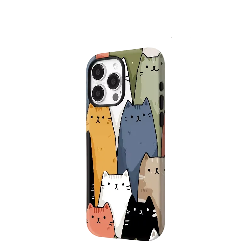 A phone case featuring a playful cartoon cat pattern with multiple cats in different colors including orange, blue, green, white, black, and beige. The case is displayed on a light gray background with the text 'FCiCASE More Outstanding Details' above it.