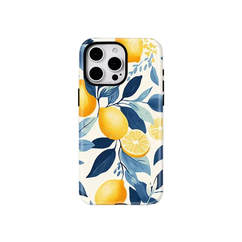 A phone case featuring a watercolor-style lemon and leaf pattern in yellow, blue, and white, shown on a light gray background with the brand name FCiCiCASE printed below.