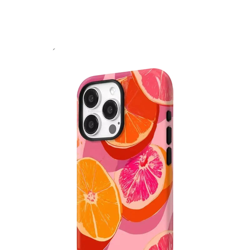 Phone case with citrus fruit design on a light gray background, featuring the brand 'FCiCiCASE'.