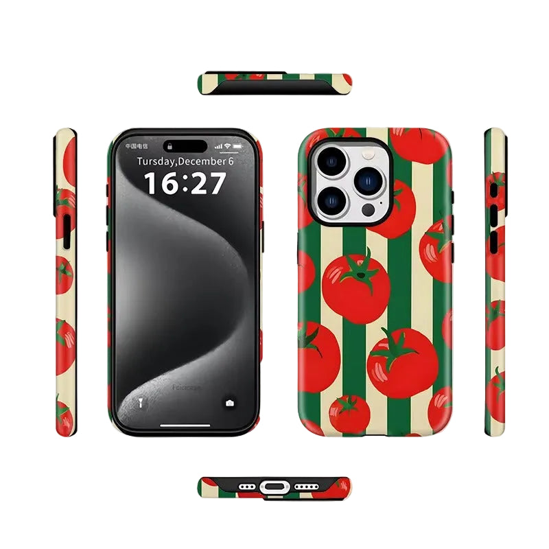 A phone case shown from multiple angles on a light gray background. The case features a pattern of red tomatoes on green and cream vertical stripes.