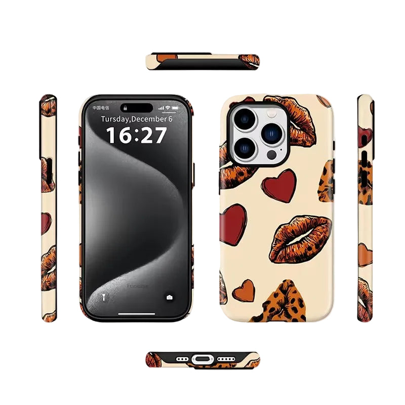 A phone case shown from multiple angles on a light gray background. The case has a cream base with a pattern of red hearts, brown lips, and leopard print spots.