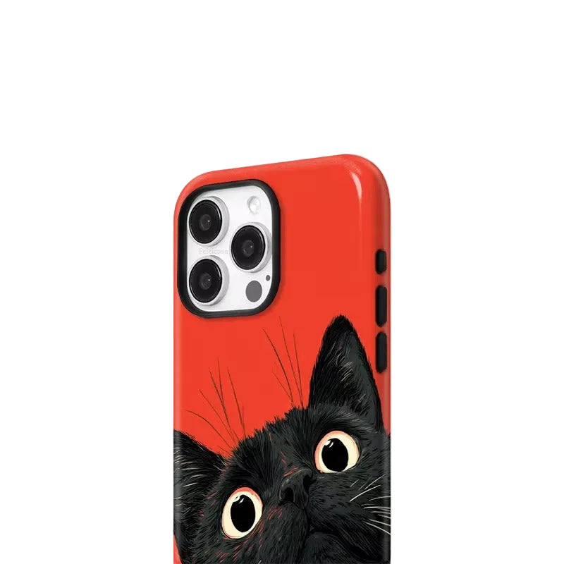 Phone case with a black cat design on a red background, featuring the brand 'FCiCiCASE'.
