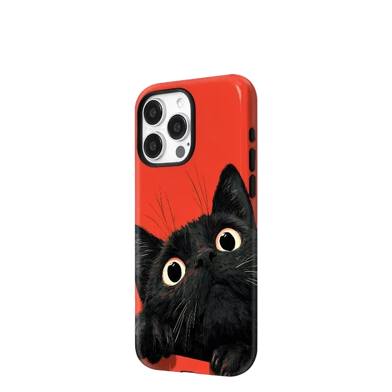 Phone case with a black cat design on a red background, featuring the brand 'FCICICASE'.