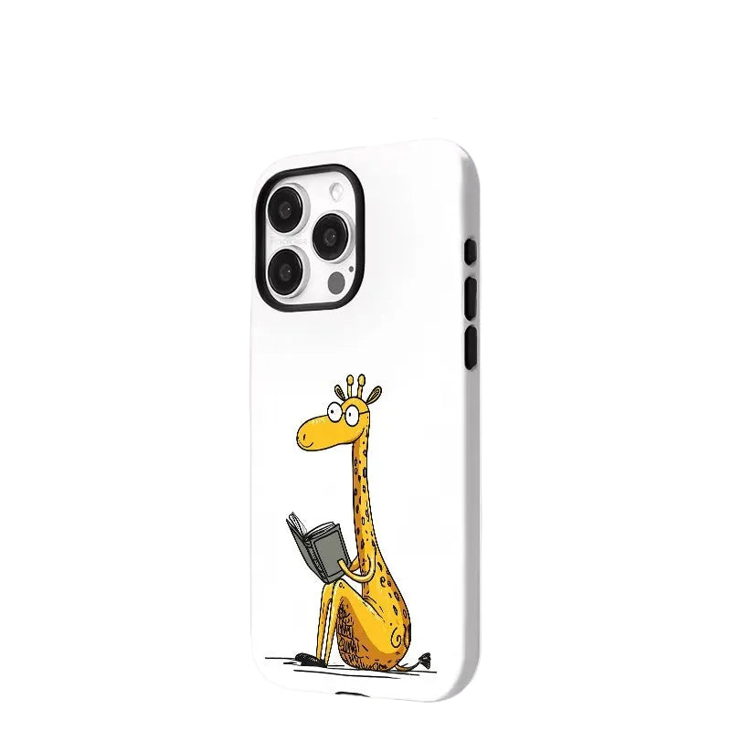 Phone case with a giraffe design holding a book, branded as FciciCASE.
