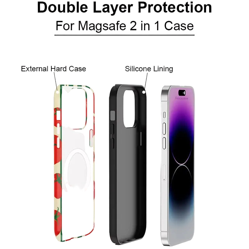 Double layer protection for Magsafe 2 in 1 phone cases, showing an external hard case with a red and green pattern, a black silicone lining case, and a silver phone with a purple gradient screen.