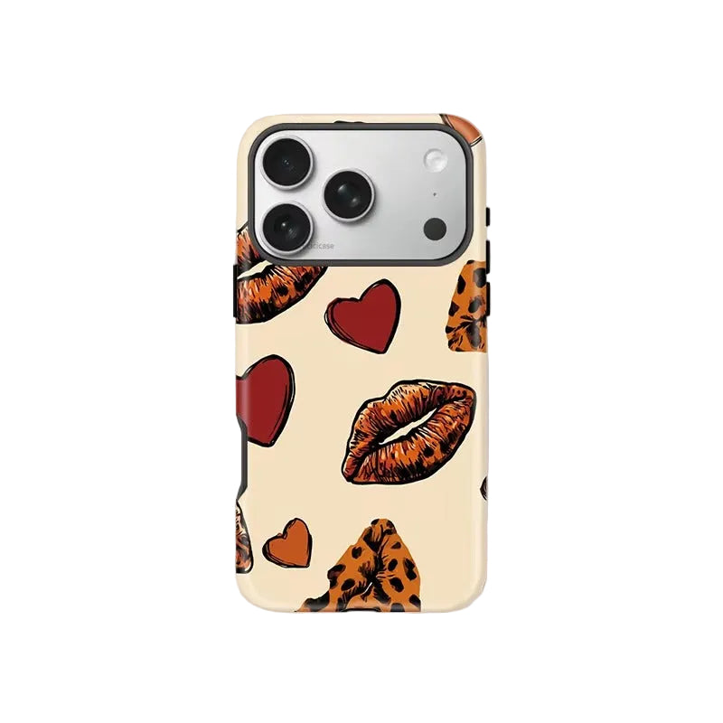 A cream-colored phone case featuring a pattern of red hearts and orange-brown lips with leopard print, shown on a light gray background with the brand name FCiCiCASE at the bottom.
