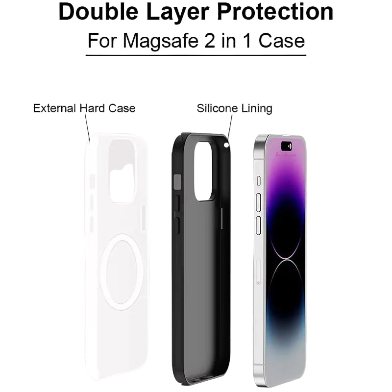 Double layer protection case for Magsafe 2 in 1 with external hard case and silicone lining on a white background.