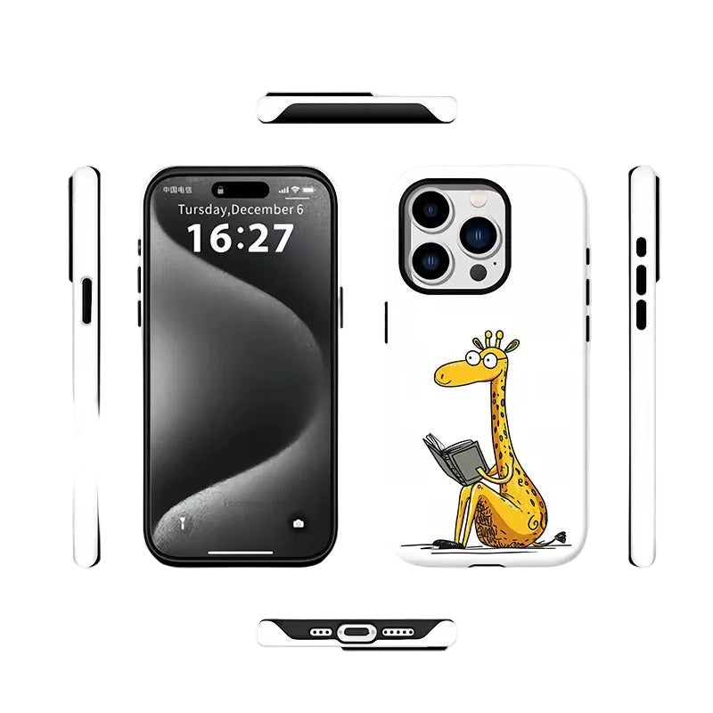 Phone case with a giraffe design holding a book, shown on a smartphone.