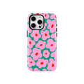 A phone case featuring a bold pink and teal floral pattern with red centers, shown on a light gray background with the brand name FCiCiCASE printed below.