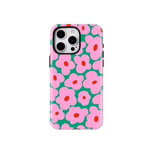 A phone case featuring a bold pink and teal floral pattern with red centers, shown on a light gray background with the brand name FCiCiCASE printed below.