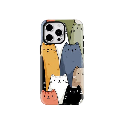 A phone case featuring a cute cartoon illustration of multiple cats in different colors, shown on a light gray background with the brand name FCiCiCASE printed below.