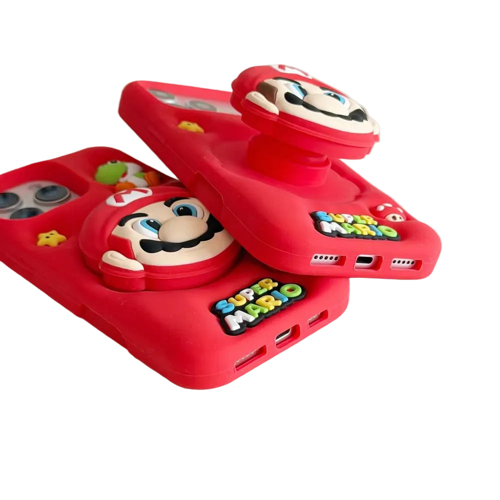 Three red phone cases with Super Mario character designs, including Mario's face and the Super Mario logo, arranged on a white surface.