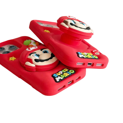 Three red phone cases with Super Mario character designs, including Mario's face and the Super Mario logo, arranged on a white surface.