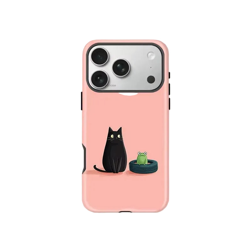 A pink phone case featuring a cartoon illustration of a black cat and a green frog, shown on a light gray background with the brand name FCiCiCASE at the bottom.
