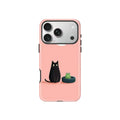 A pink phone case featuring a cartoon illustration of a black cat and a green frog, shown on a light gray background with the brand name FCiCiCASE at the bottom.