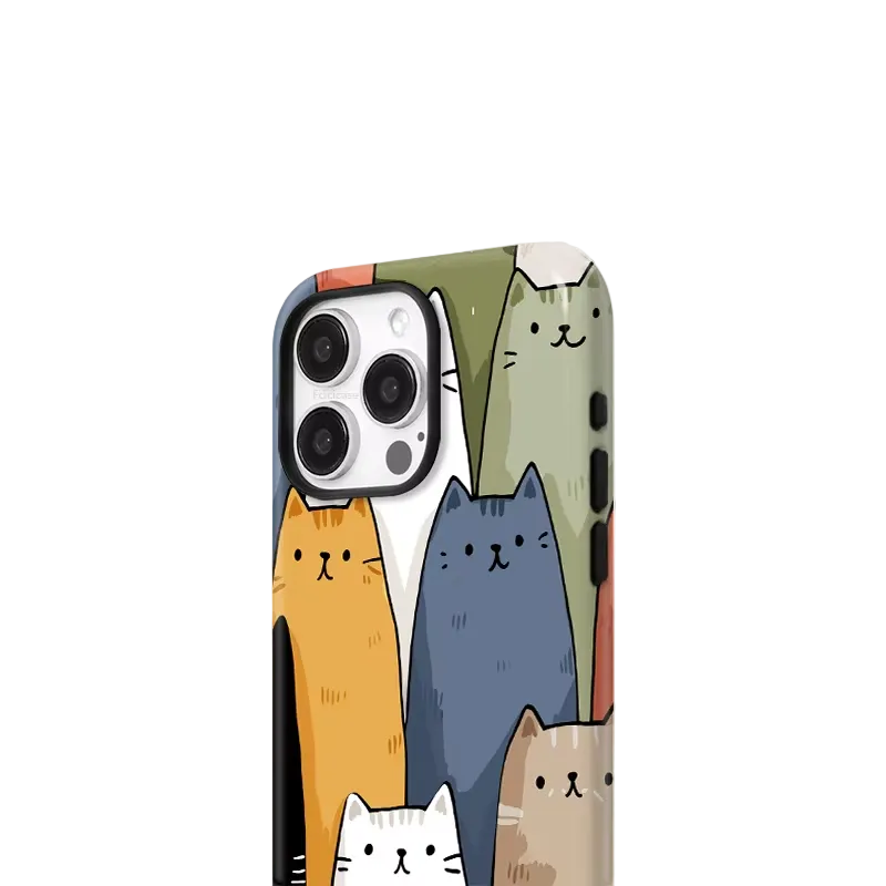 A phone case featuring a colorful cartoon cat pattern, shown against a light gray background with the text 'FCiCiCASE Super High Color Restoration' above it.
