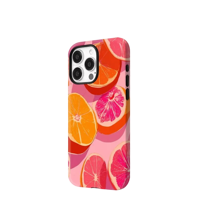 A phone case featuring a vibrant citrus slice pattern in pink, orange, and red on a light pink background, shown on a light gray background with the text 'FCiCiCASE More Outstanding Details' above it.