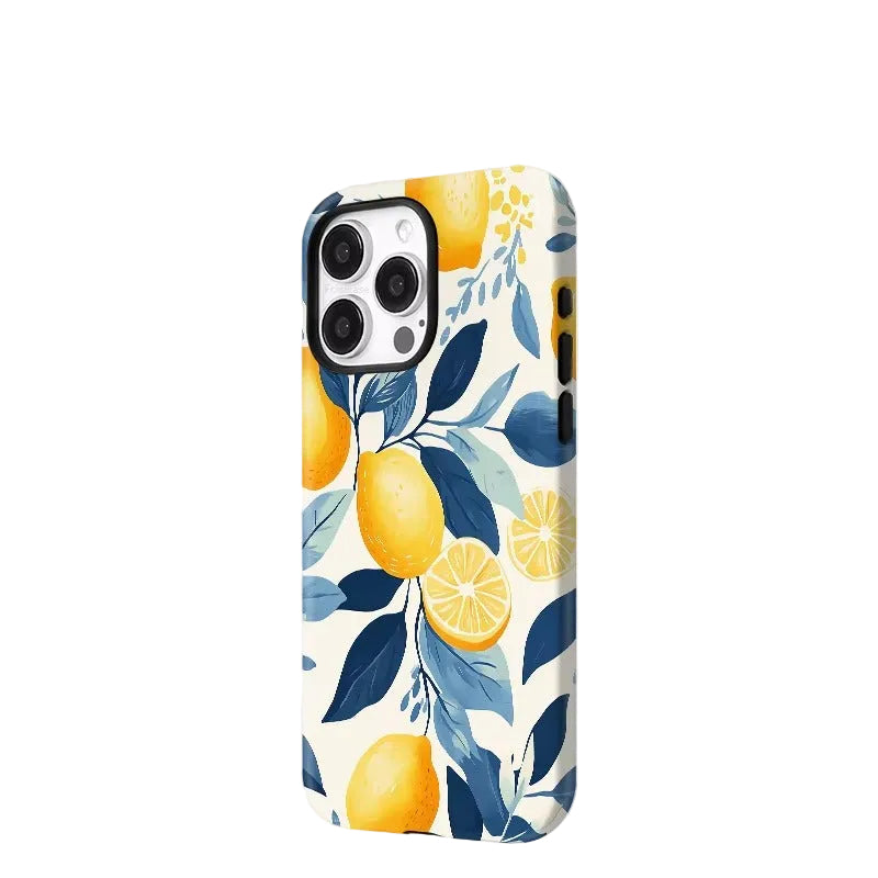 Phone case with lemon and leaf design on a light gray background