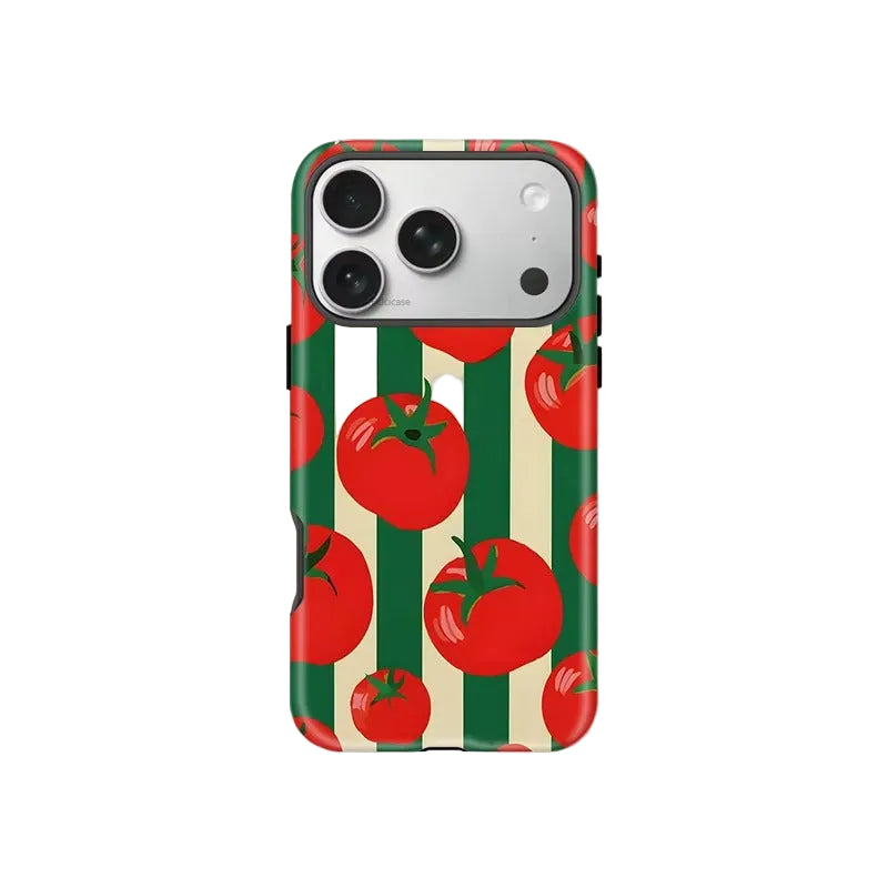 A phone case featuring a red tomato pattern over green and cream vertical stripes, shown on a light gray background with the brand name FCiCiCASE printed below.