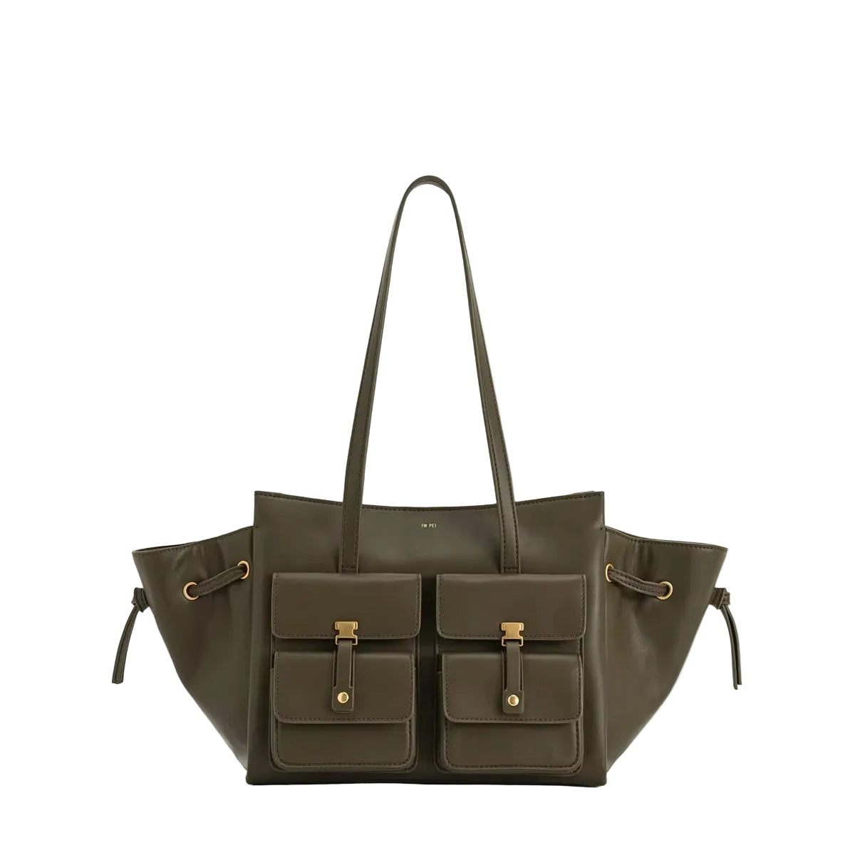 An olive green leather tote bag with two long shoulder straps, two front flap pockets with gold-tone buckle details, and side drawstring straps, shown against a light cream background with the brand name 'JW PEI' printed above.