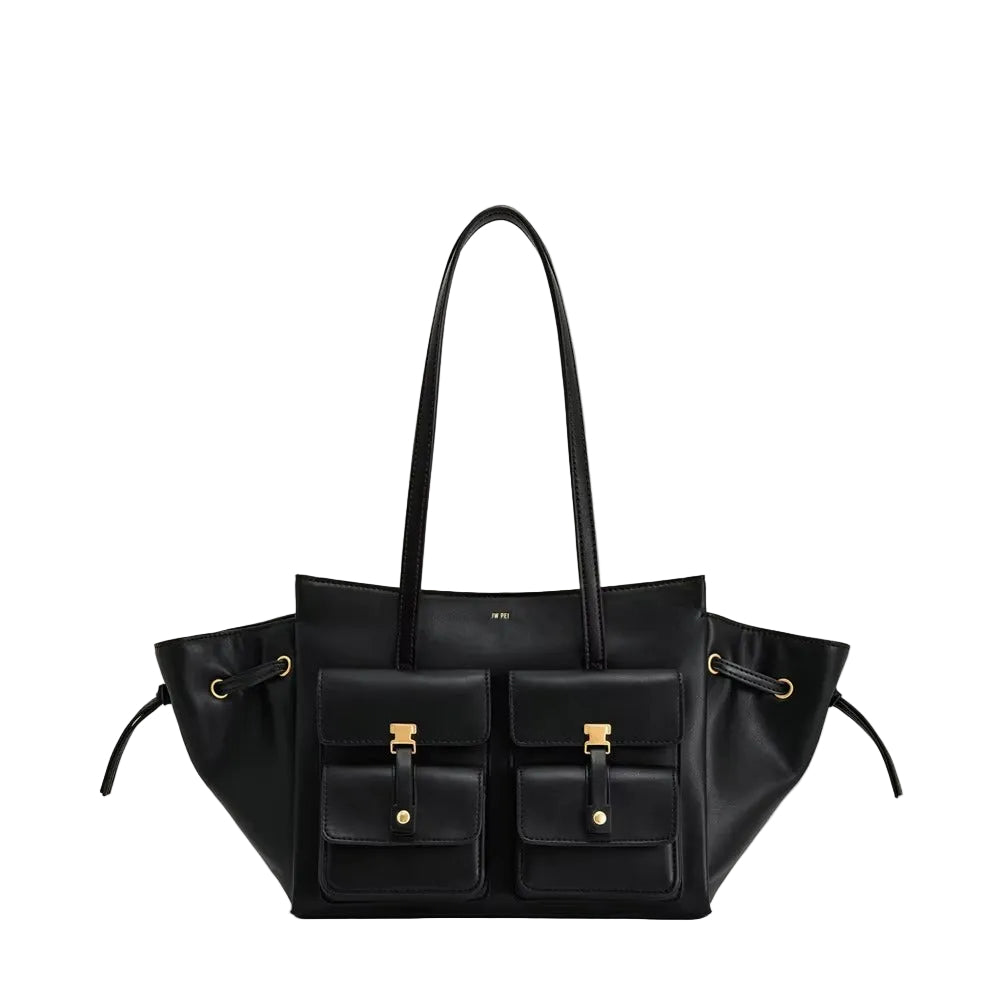 A black leather tote bag with two top handles, two front flap pockets with gold-tone hardware, and drawstring details on the sides, shown against a light cream background with the brand name 'JW PEI' printed above.