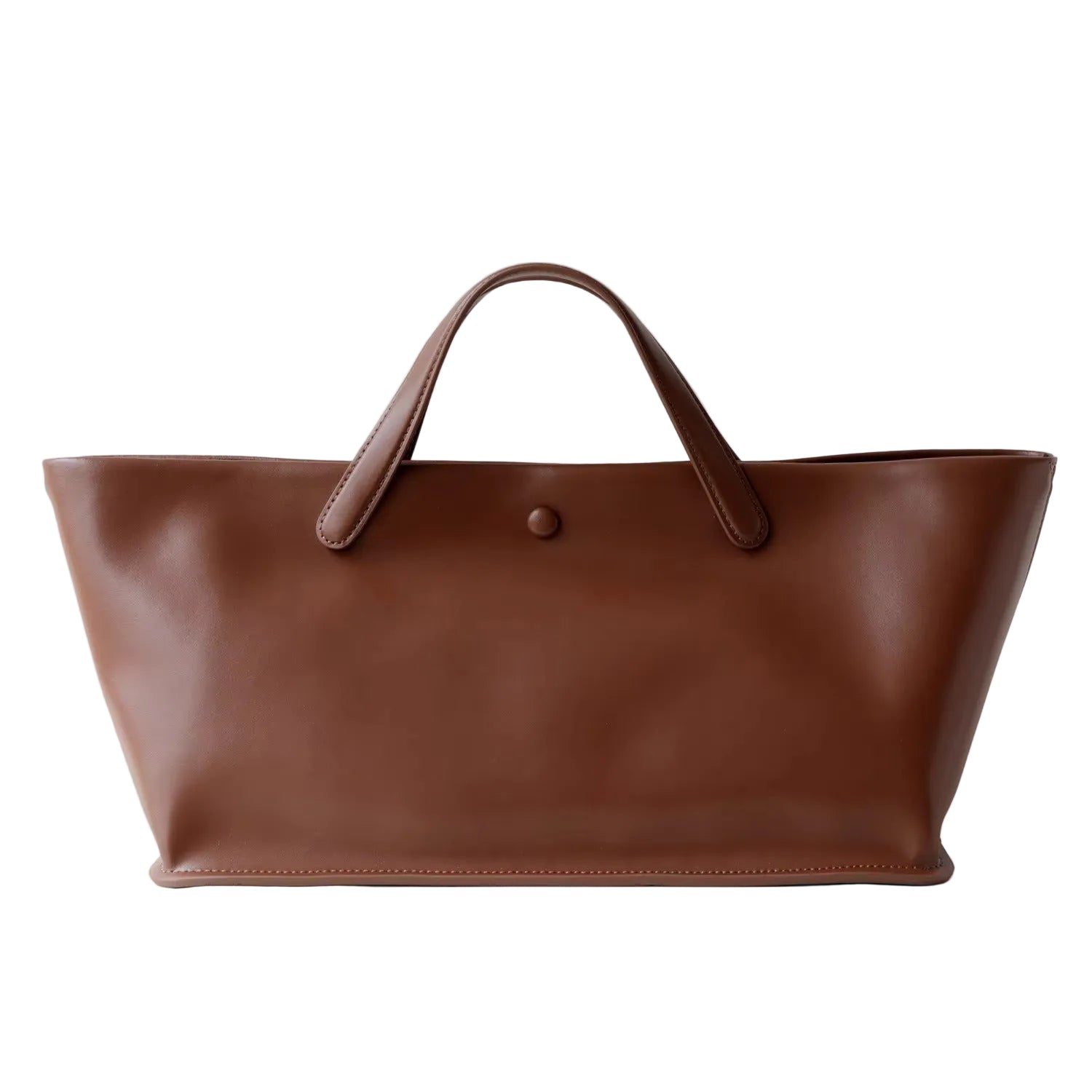 Brown leather tote bag on a white background