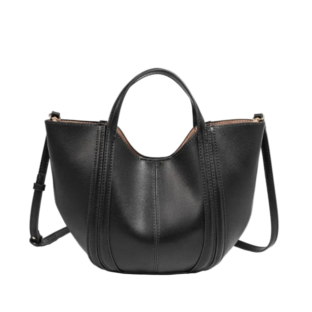 Black faux leather hobo shoulder bag with a top handle and detachable shoulder strap, shown on a light gray background with a speech bubble indicating a leopard print ribbon accessory is included.